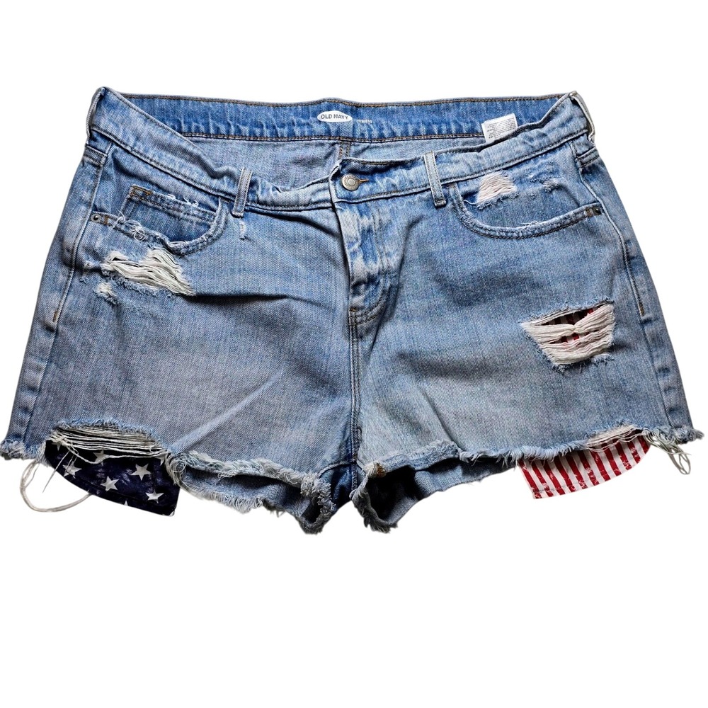 Old Navy Boyfriend Women Size 14 Jean Shorts Blue Denim Distressed American Flag